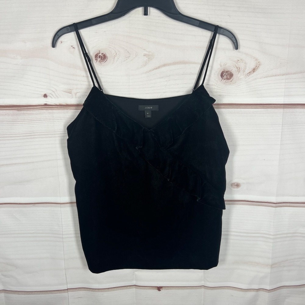 J Crew Top Womens Size 8 Black Velvet Cami Ruffle Tank‎ Spaghetti Strap V-Neck